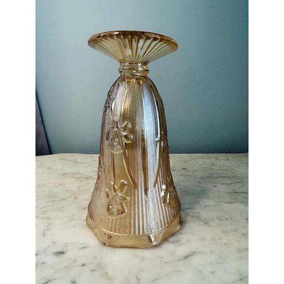 Vintage Jeanette Marigold Carnival Iridescent Glass Vase Iris Herringbone Peach - Picture 5 of 13